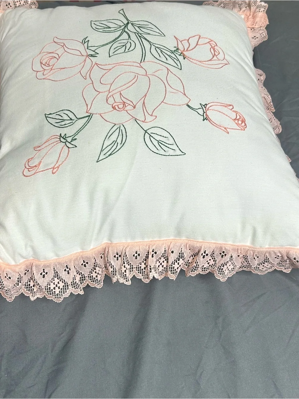 Vintage French Country Pillow Embroidered Rose Lace Trim Cottagecore 80s/90s